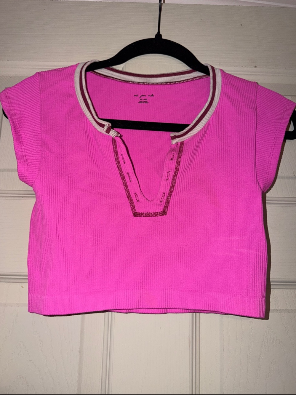 Women urban outfitters Pink Ribbed Knit Crop Top with Contrast Trim